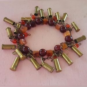 Burgundy orange 22 brass Bullet casing chains beaded stretch dangle bracelet NWT